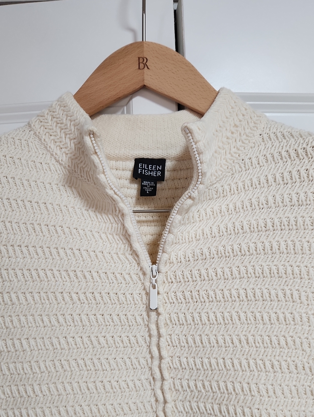 Vintage Eileen Fisher cream ivory textured knit cardigan sweater in size Large.